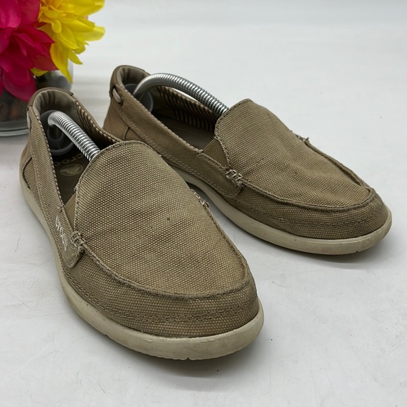 CROCS Shoes - Crocs tan canvas slip on loafers size 7. CR2473B